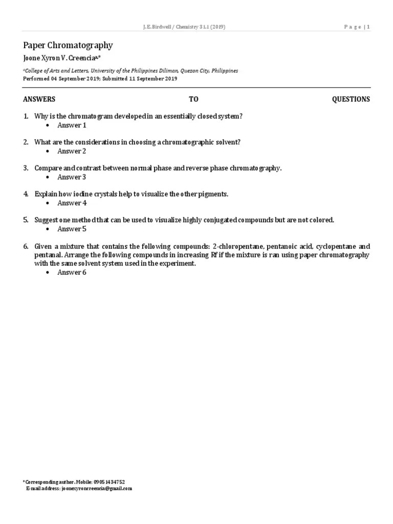 Paper Chromatography Answers TO Questions PDF