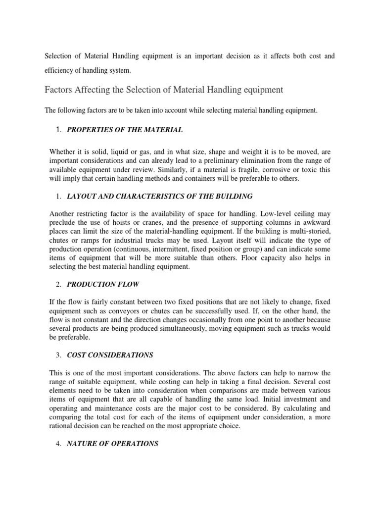 Selection of Material Handling Equipment Is An Important Decision As It