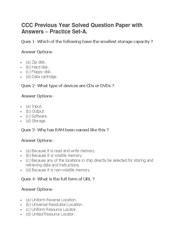 Computer Test Question Paper PDF Computer Data Storage Random Access Memory