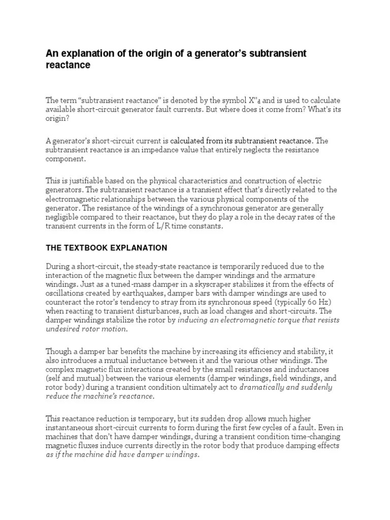 Origin of generator subtransient reactance explained PDF Electric
