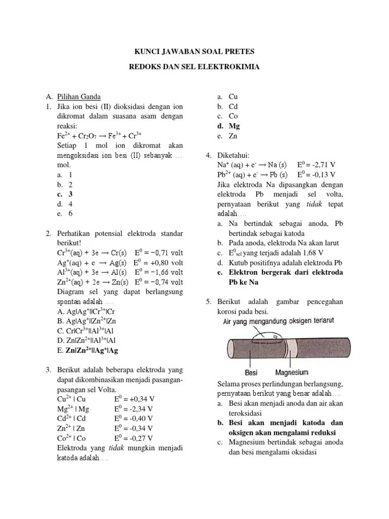 Soal Pilihan Ganda Sel Elektrokimia Beserta Jawabannya