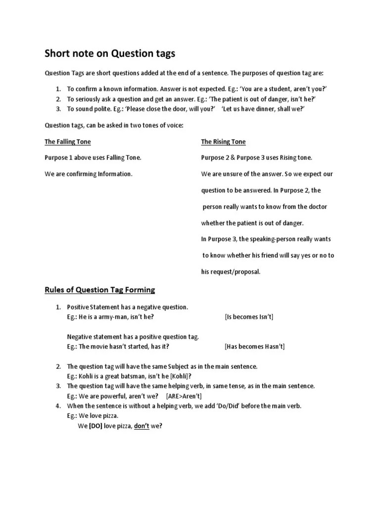 Short Note On Question Tags PDF Question Linguistic Morphology
