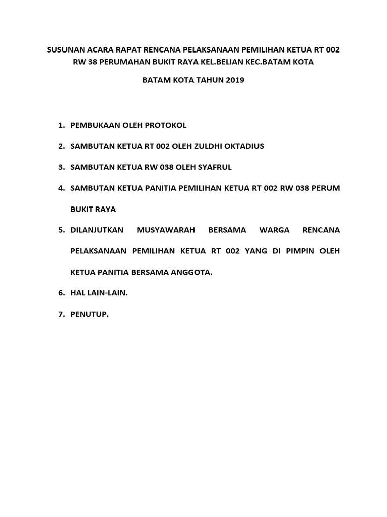 Susunan Acara Rapat Rencana Pelaksanaan Pemilihan Ketua RT 002 RW 38  Perumahan Bukit Raya Kel | PDF