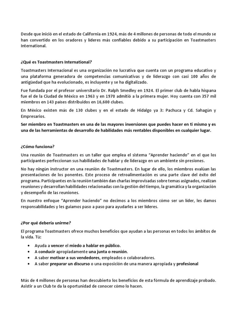 Qué Es Toastmasters PDF Liderazgo Desarrollo personal