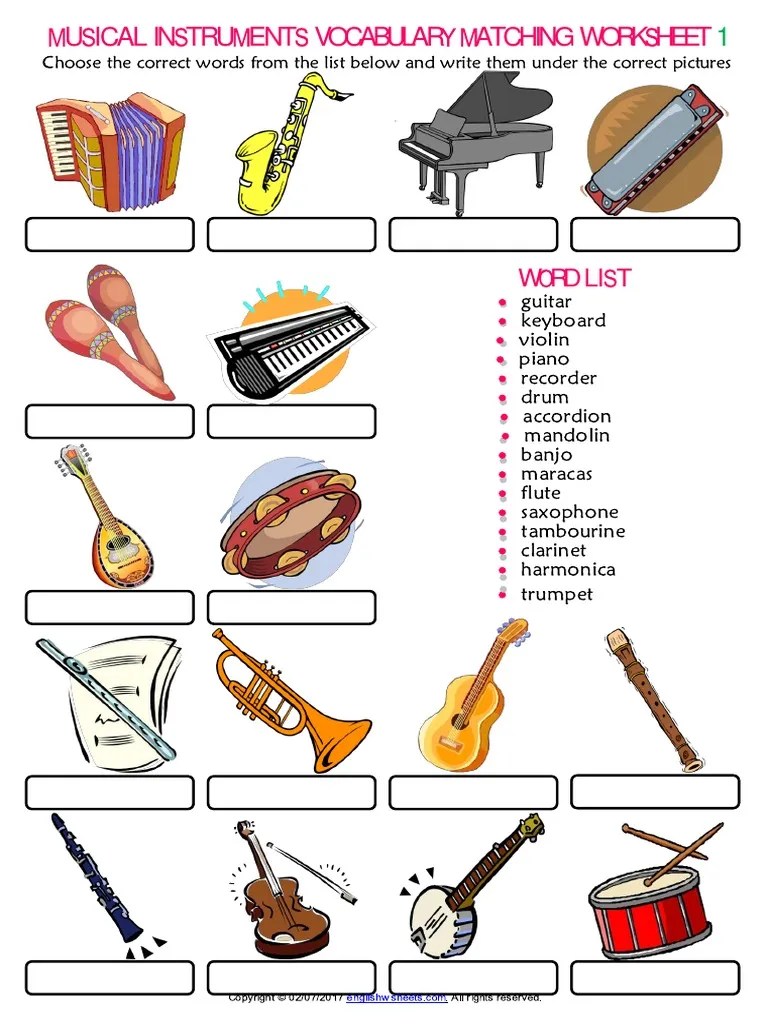 musical instruments vocabulary esl matching exercise worksheet for kids