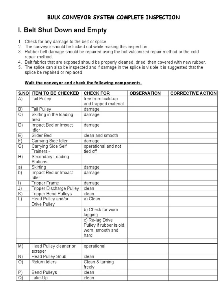Checklist Conveyors PDF Belt (Mechanical) Equipment