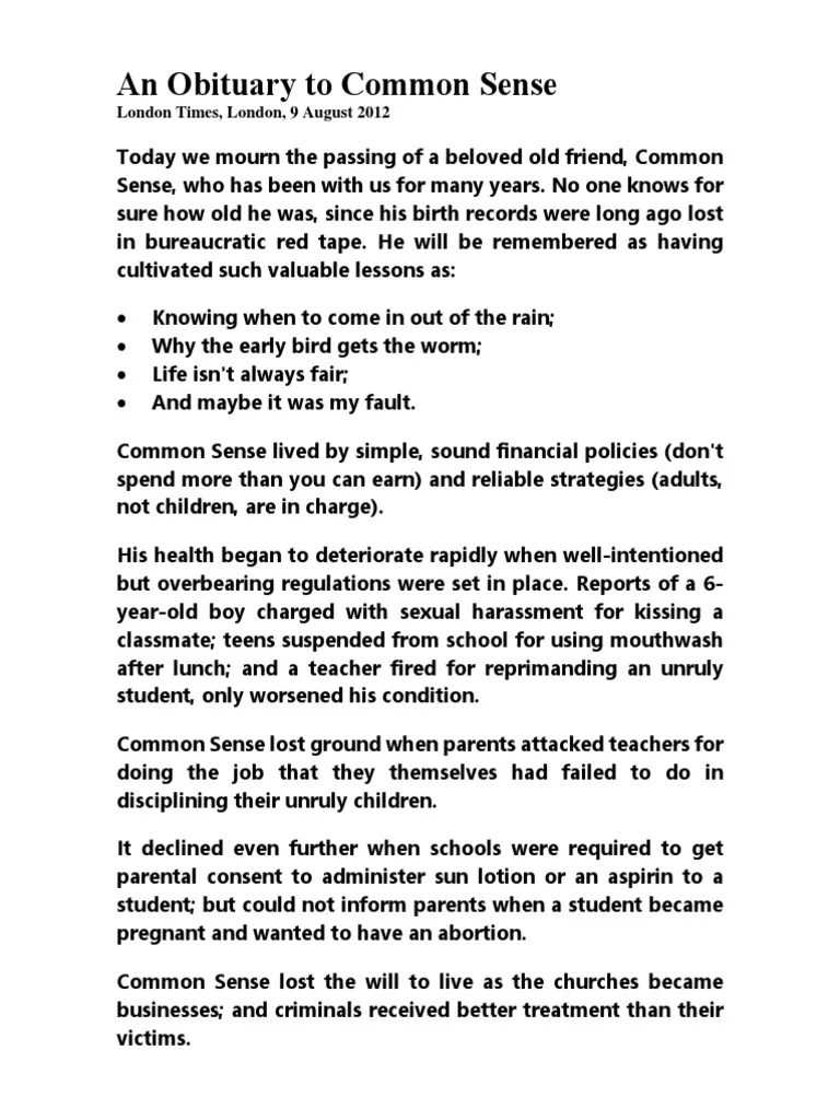 Obituary for Common Sense PDF Wellness Social Science
