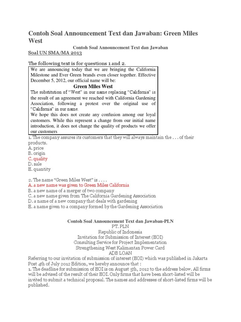 Contoh Soal Announcement Sma Dan Jawabannya