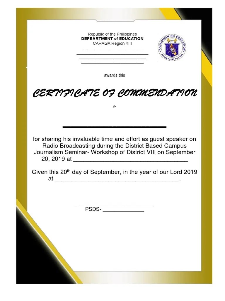 Certificate of Commendation Sample PDF