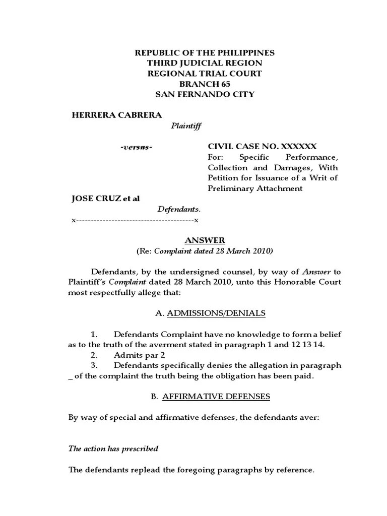 Answer To Civil Case PDF Cause Of Action Lawsuit