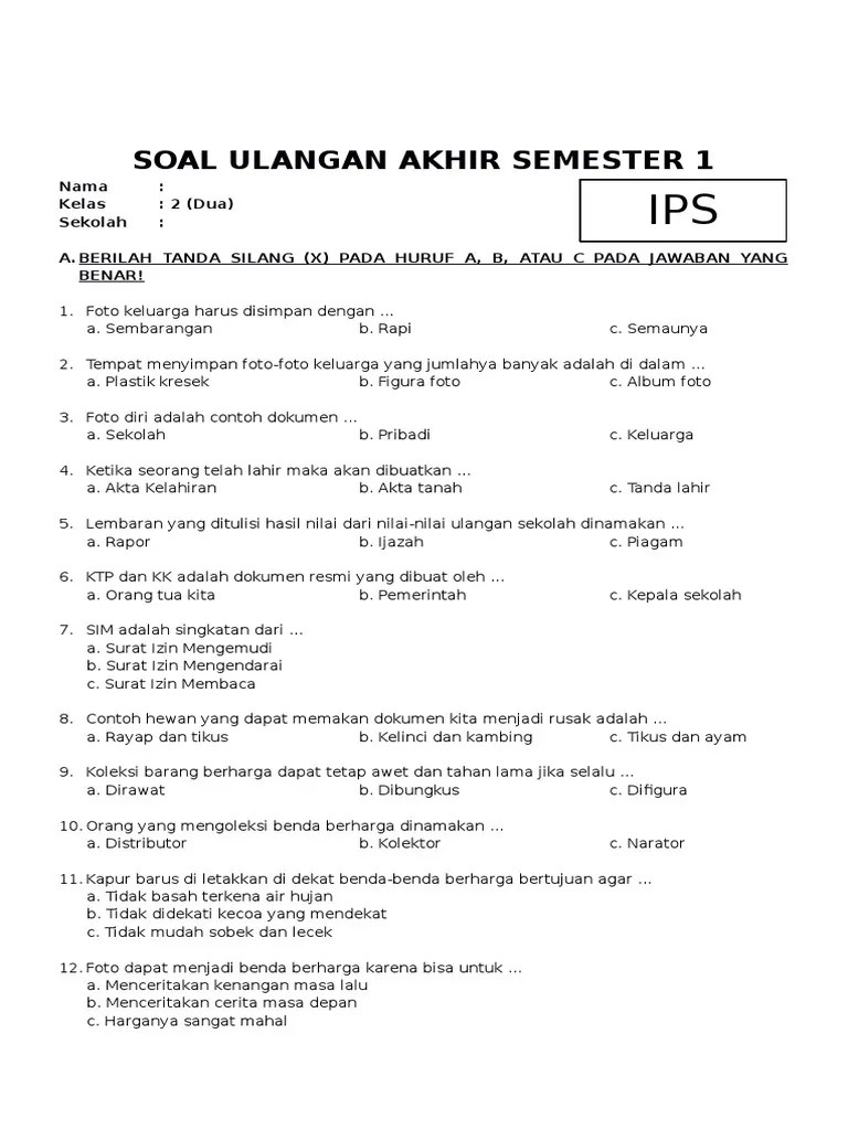 Soal UAS IPS Kelas 2 SD Semester 1