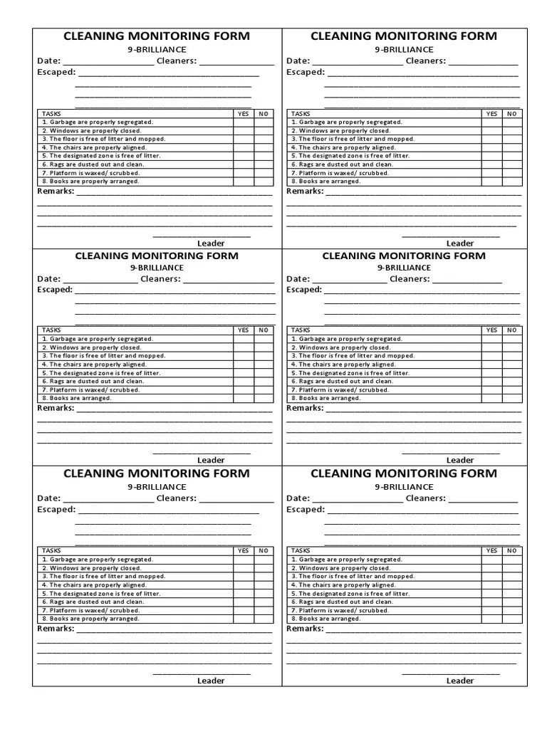 Cleaning Monitoring Form Cleaning Domestic Life