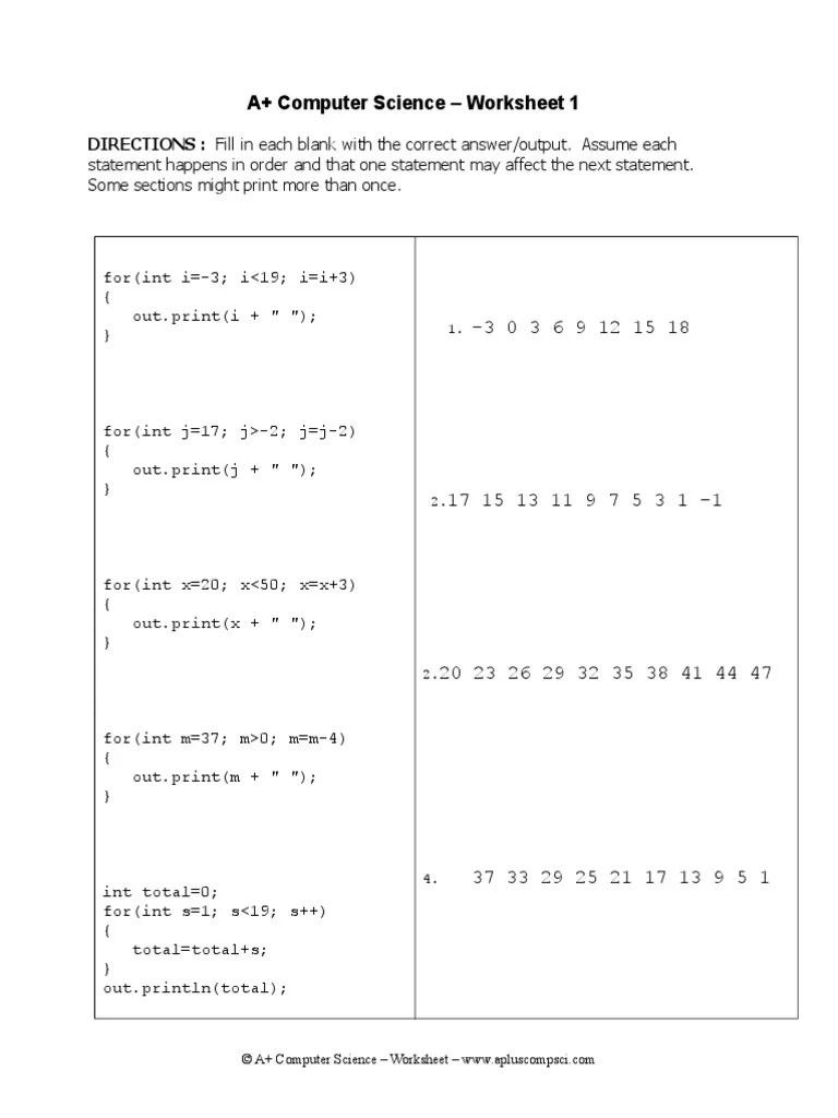 A+ Computer Science Worksheet 1 Loops and For Statements PDF