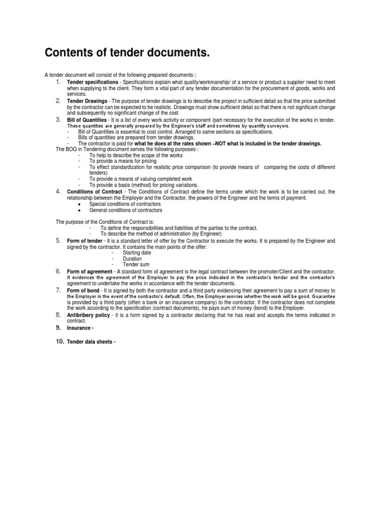Contents of Tender Documents PDF Specification (Technical Standard