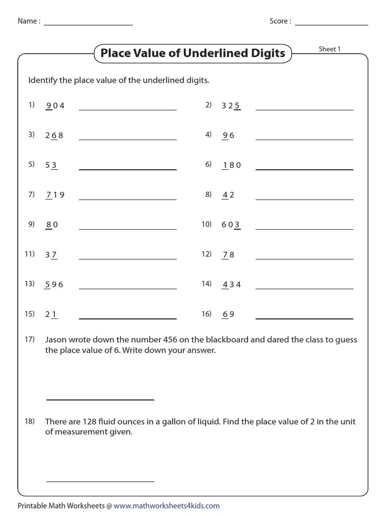 Place Value of Underlined Digits: Score: Name | Volume | Units Of