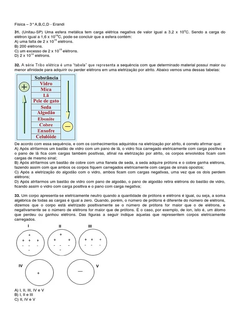 Lista de Exercícios ELETROSTÁTICA PDF Carga Elétrica Elétron