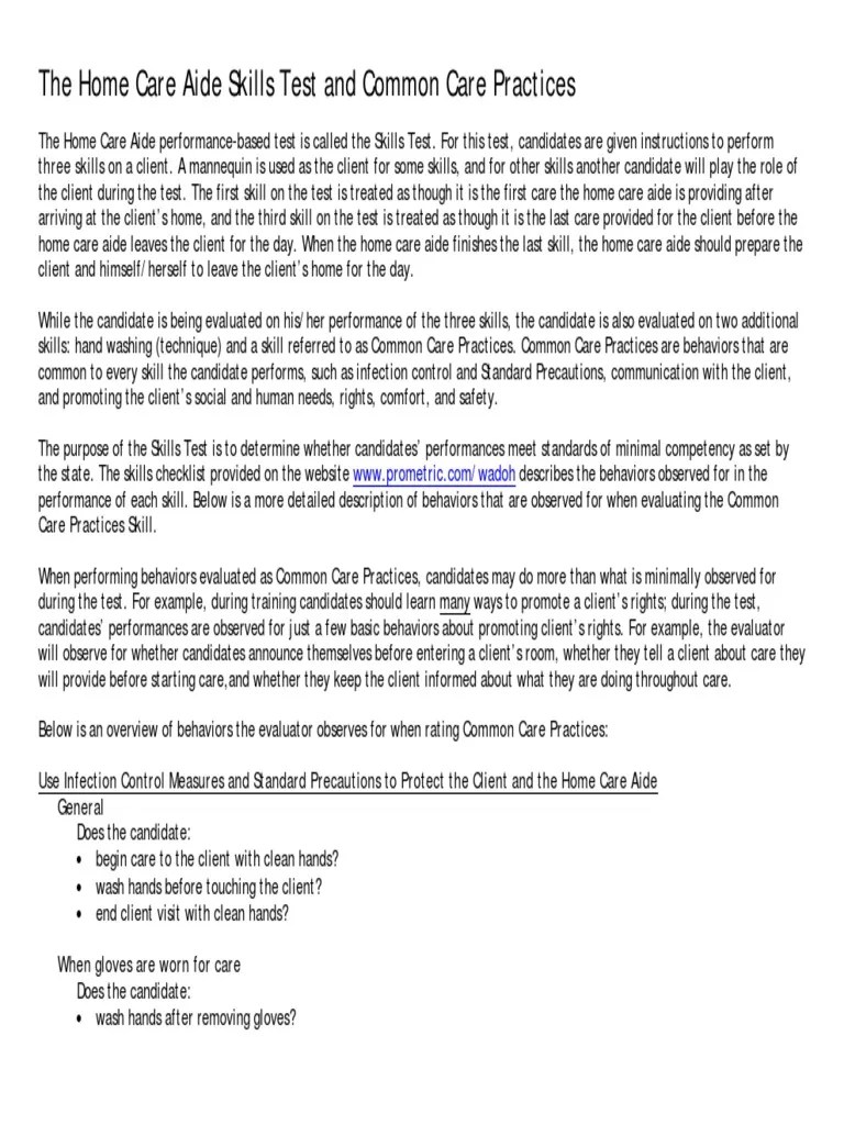 The Home Care Aide Skills Test and Common Care Practices PDF Hand Washing Home Care