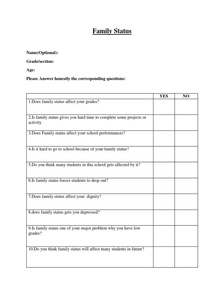 Family Status Name (Optional) Grade/section Age Please Answer