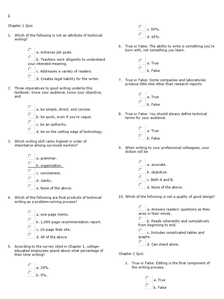 Technical Writing Quiz Chapters 1 To 10 PDF Question Typefaces