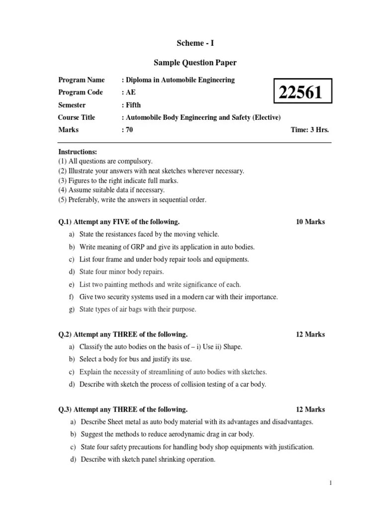 22561 Automobile Body Engineering and Safety (Elective)sample