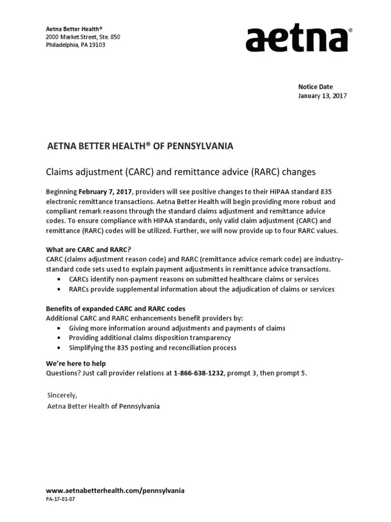 Aetna Better Health® of Pennsylvania Claims Adjustment (CARC) and