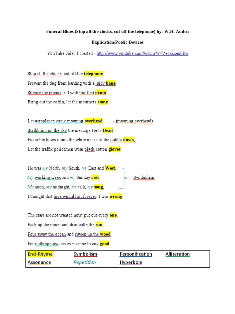 Funeral Blues Poetic Devices PDF