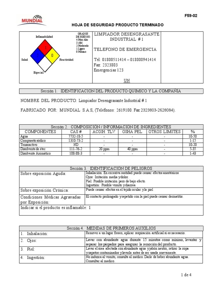 MSDS Desengrasante Industrial 1 Combustión Hidrógeno