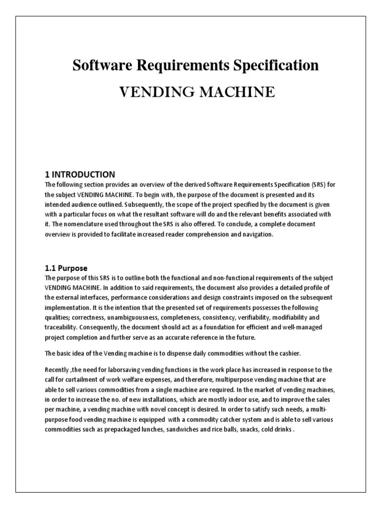 Software Requirements Specification Vending Machine 1.1 Purpose PDF