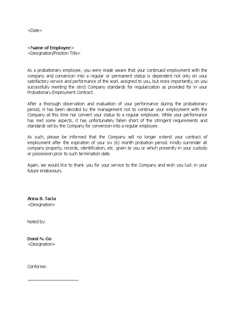 Unsuccessful Probation Letter Sample