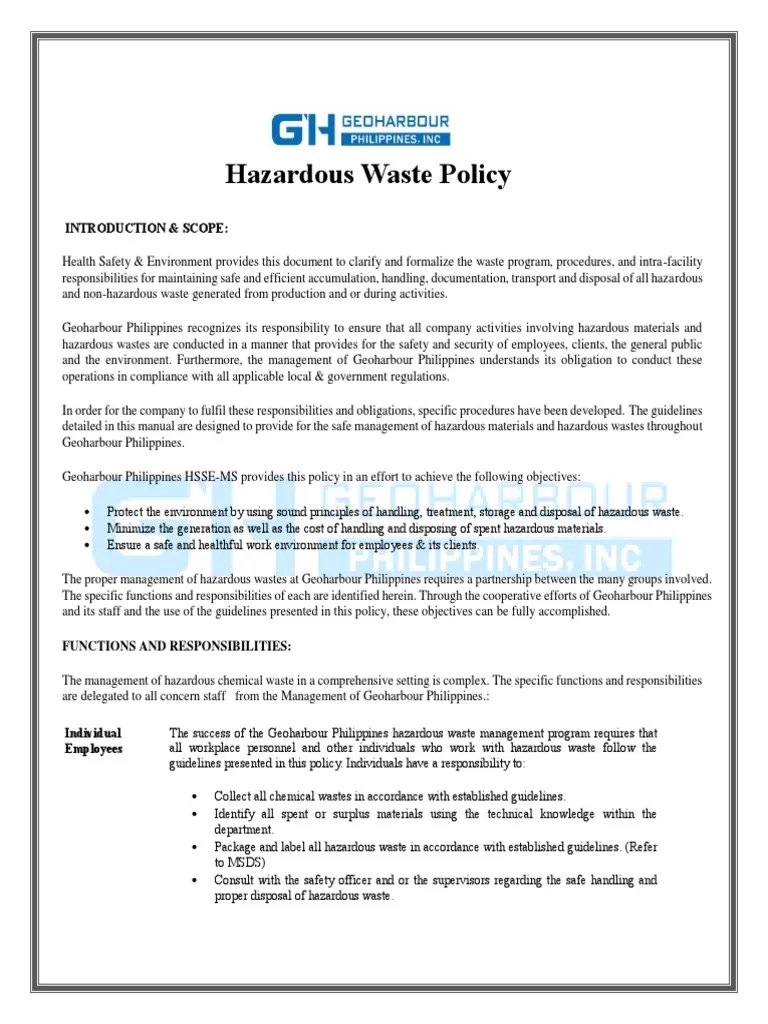 Hazardous Waste Policy Hazardous Waste Waste Management
