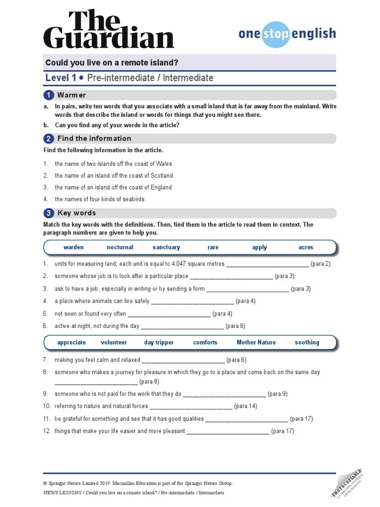 One Stop English Can You Live On A Remote Island PreIntermediate PDF