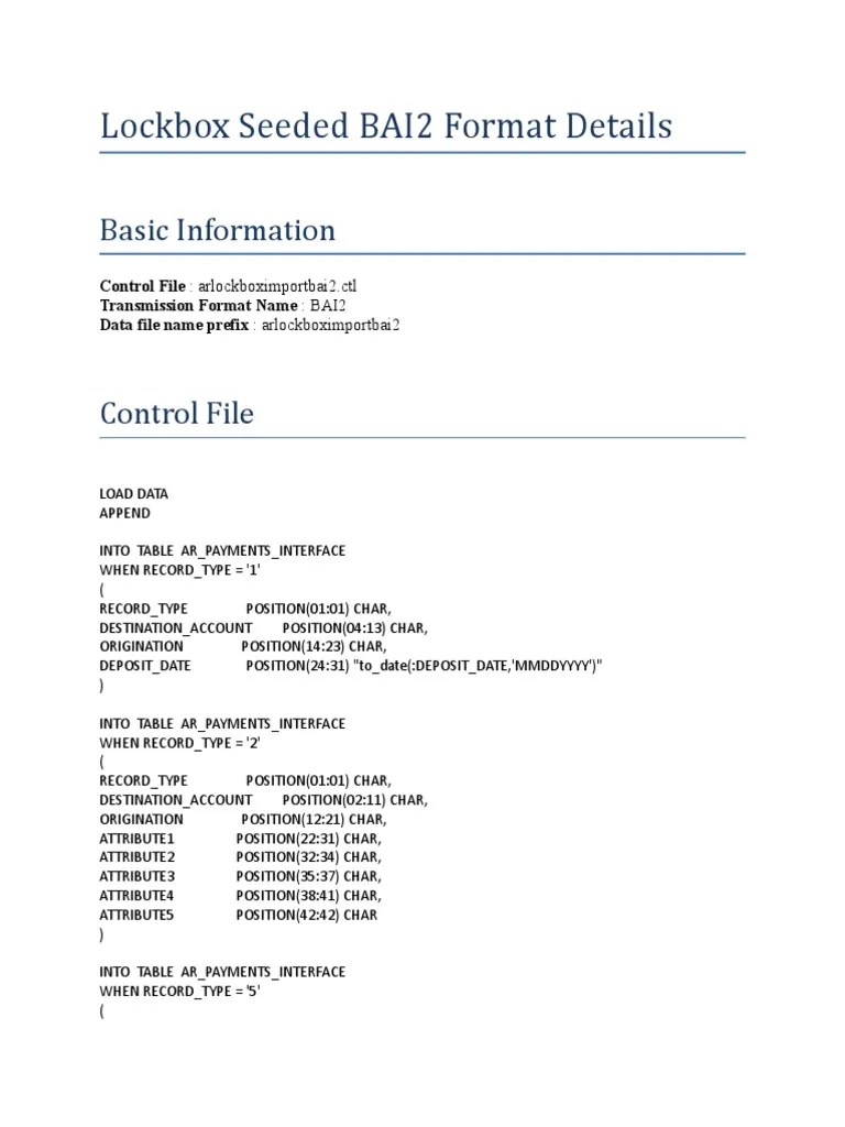 Lockbox Seeded BAI2 Format Details PDF Receipt Invoice