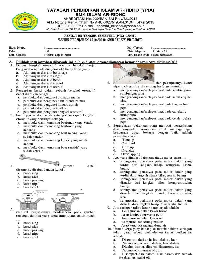 Soal Uts Pemeliharaan Mesin Sepedah Motor Kelas 12