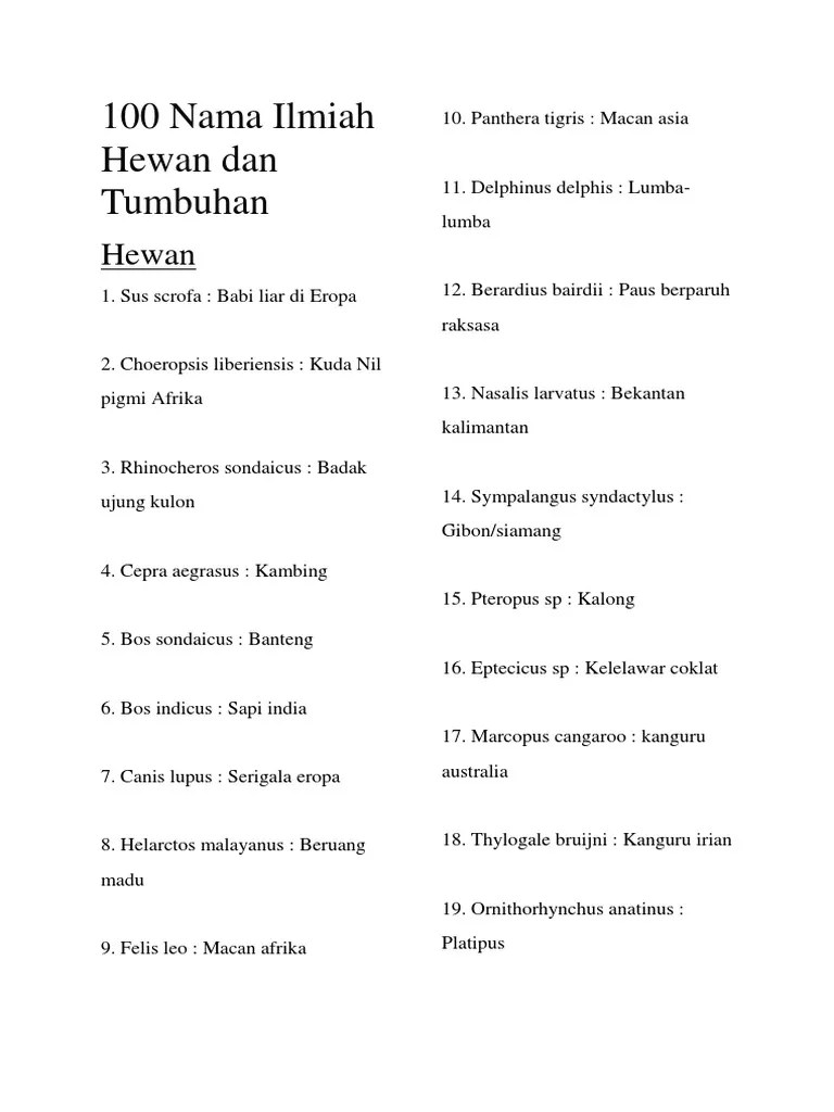 100 Nama Ilmiah Hewan Dan Tumbuhan | PDF