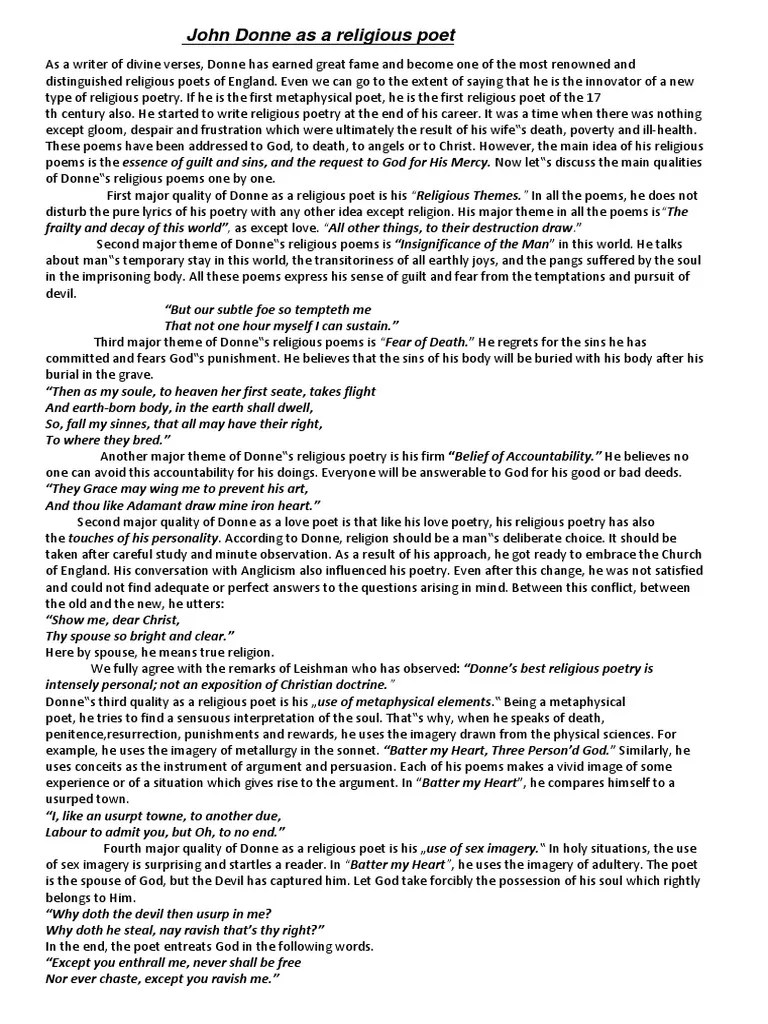 John Donne As A Religious Poet PDF Poetry Love