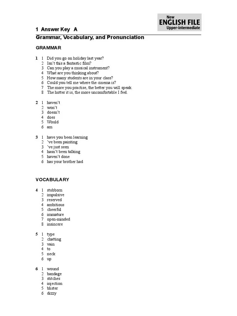 1 Answer Key A Grammar, Vocabulary, and Pronunciation | PDF