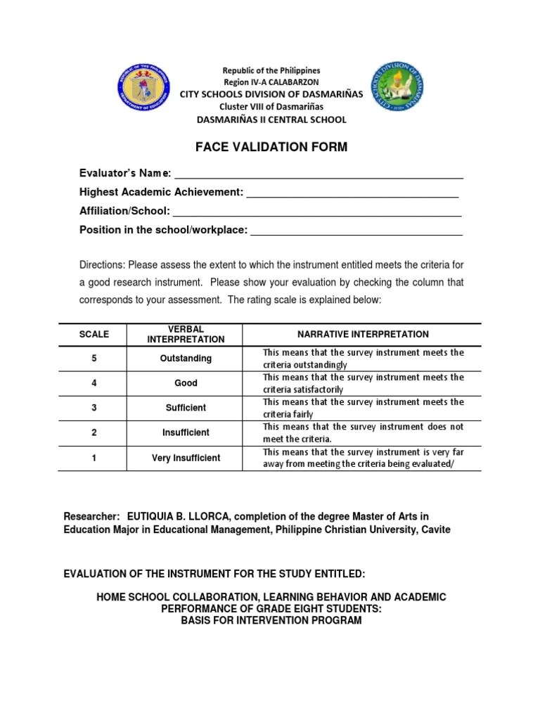Sample Face Validity Form PDF Survey Methodology Teachers