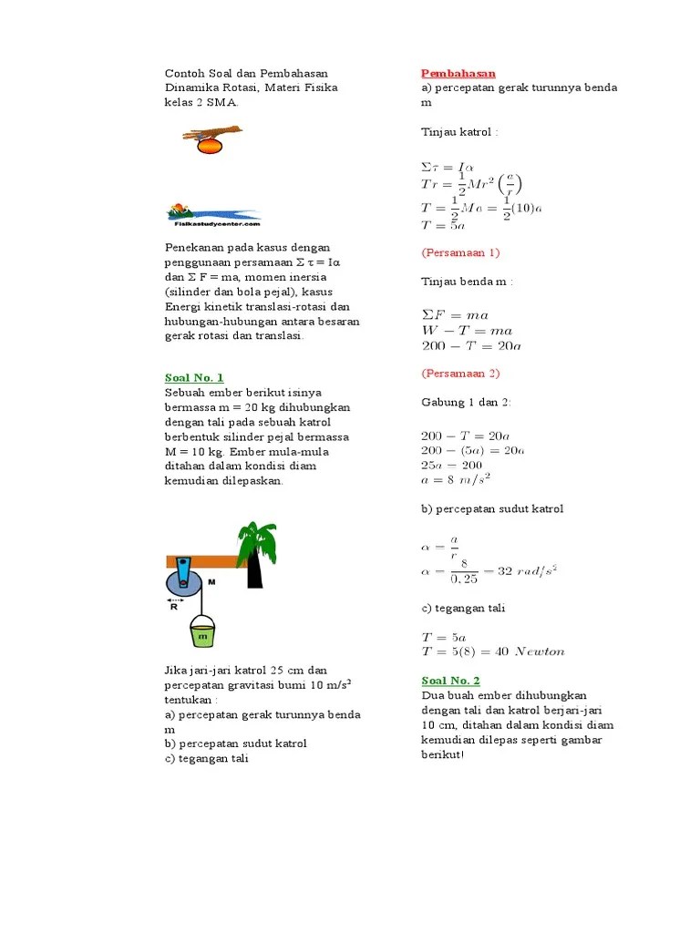 Contoh Soal Dan Pembahasan Dinamika Rotasi Materi Fisika Kelas 2 Sma  Pembahasan A Percepatan Gerak Turunnya Benda M PDF | PDF