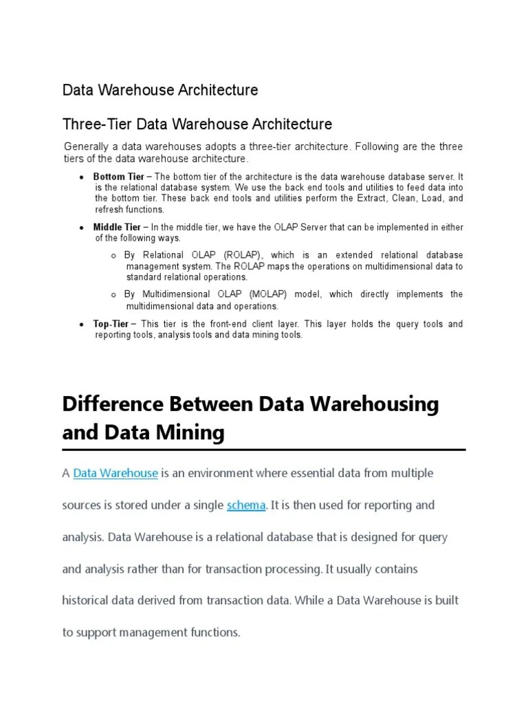 Difference Between Data Warehousing and Data Mining Data Warehouse Architecture ThreeTier Data