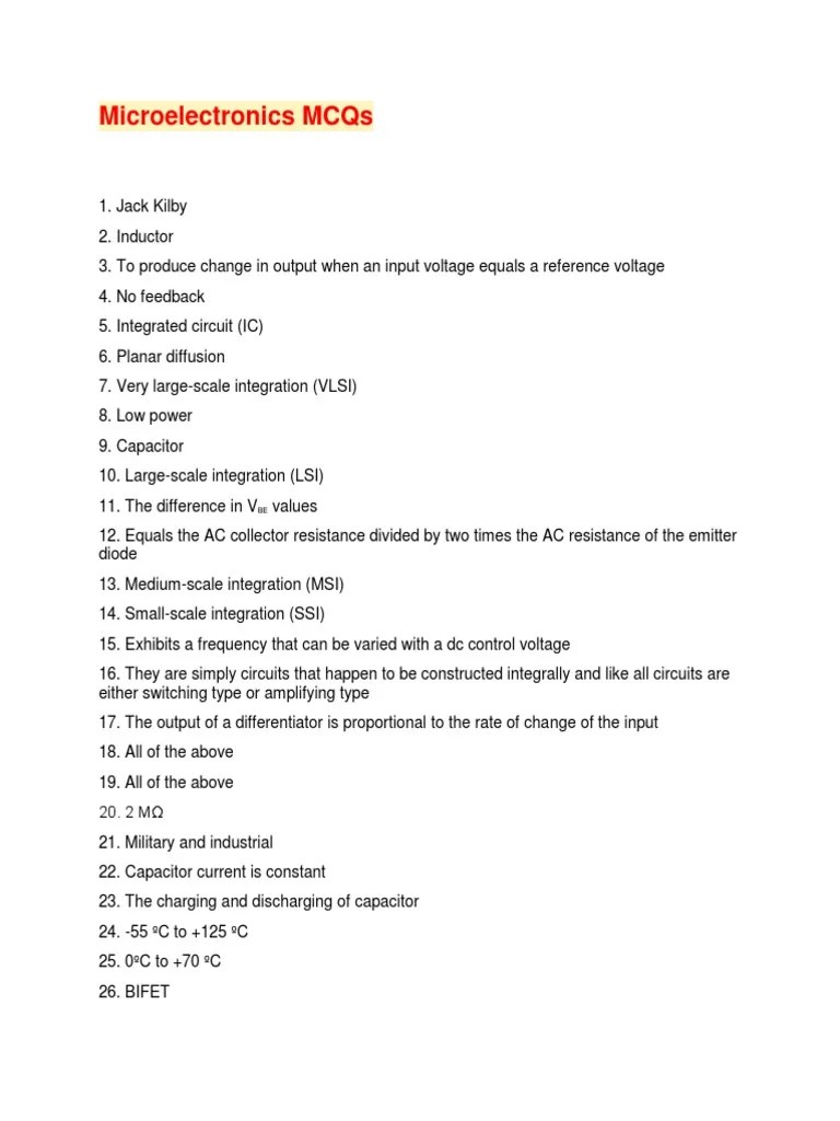 Microelectronics MCQsAnswers PDF Operational Amplifier Amplifier