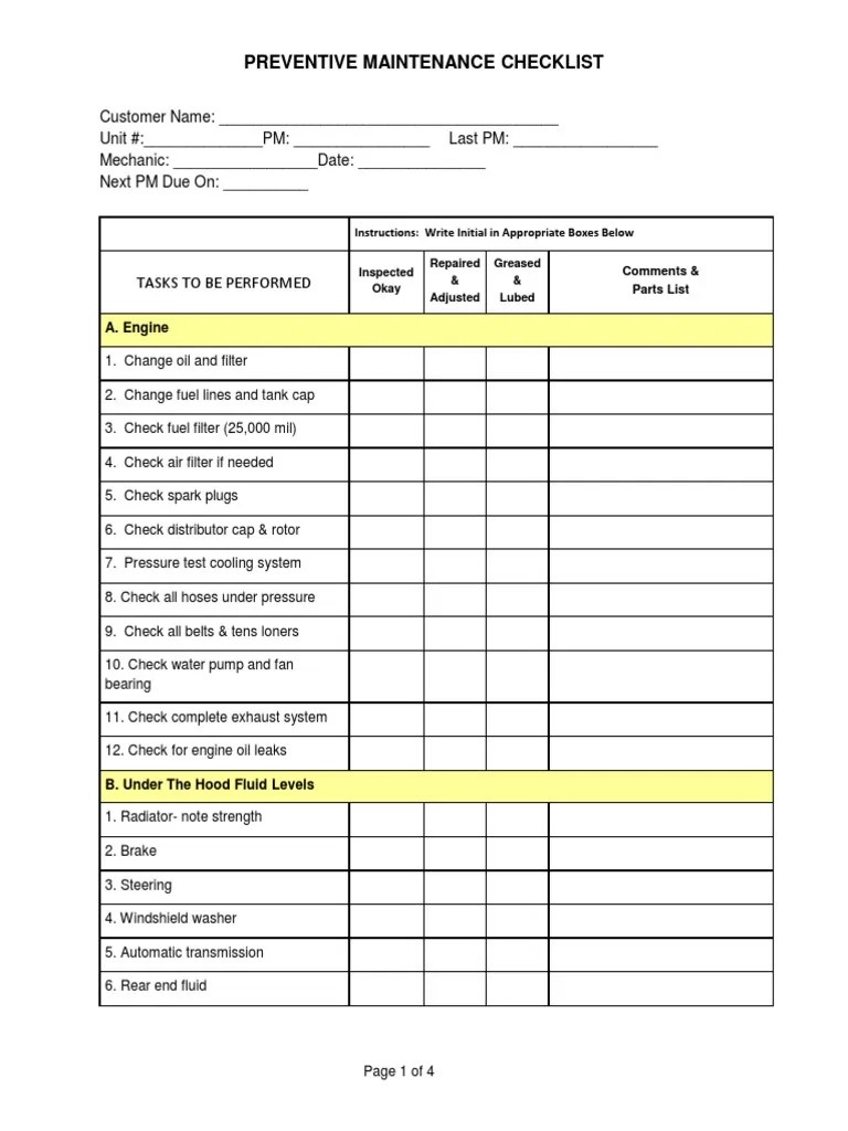 Preventive Maintenance Check Sheet Elevator Tire