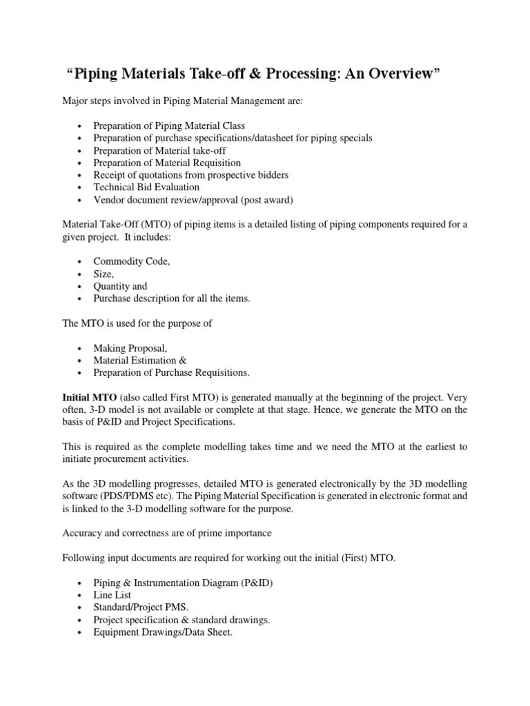 “Piping Materials Takeoff & Processing An Overview” Specification (Technical Standard