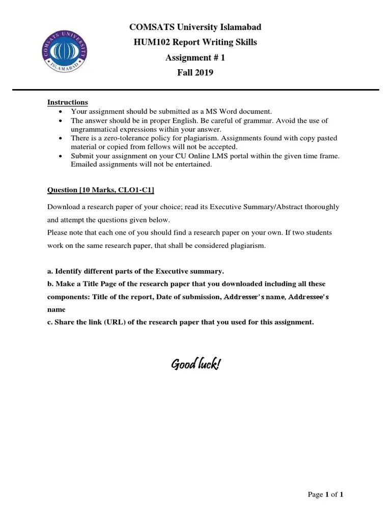 Good luck! COMSATS University Islamabad HUM102 Report Writing Skills