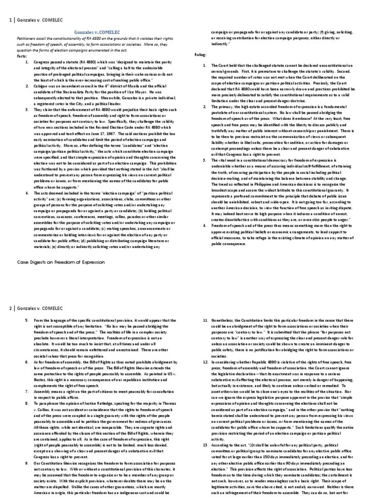 Freedom of Expression Case Digest PDF Freedom Of Speech Elections