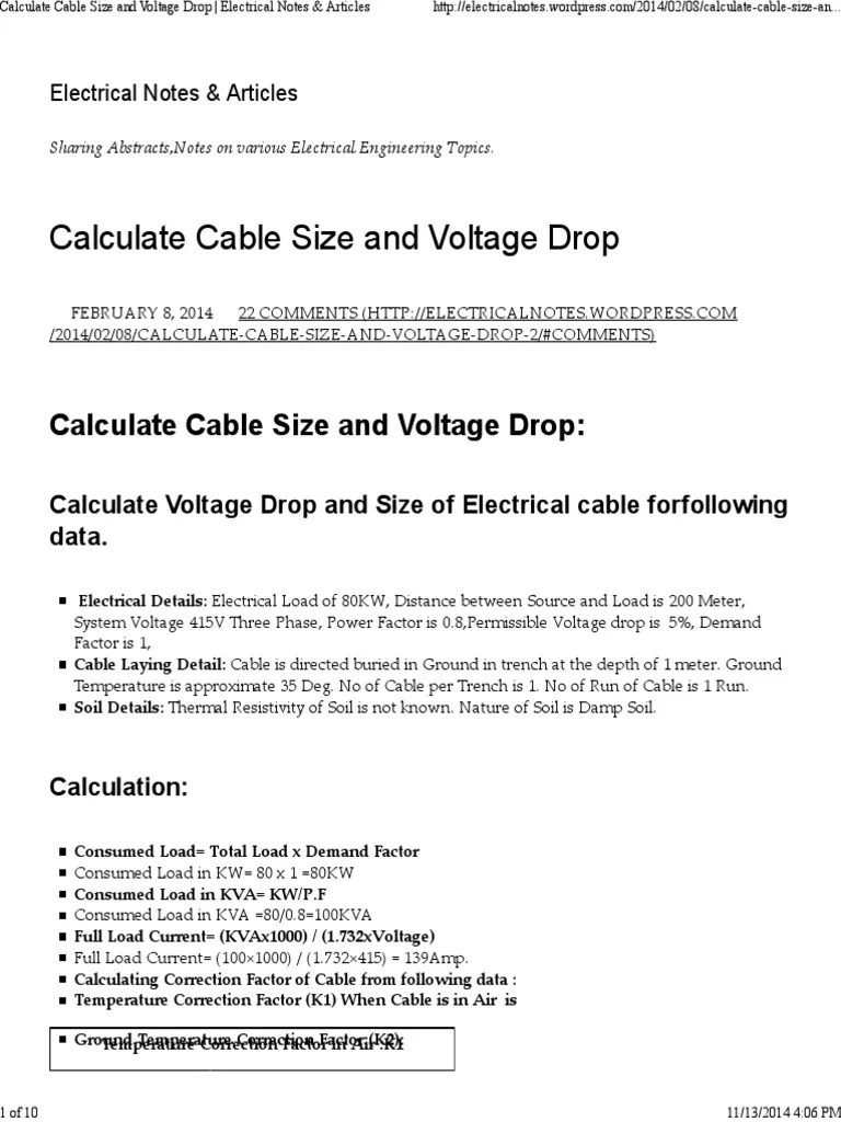 Calculate Cable Size and Voltage Drop Electrical Notes Articles PDF