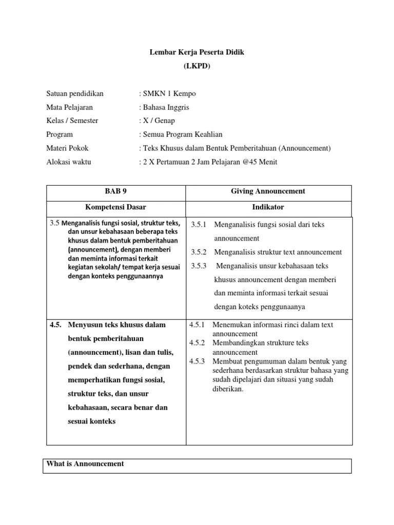 LKPD Announcement | PDF | Reading Comprehension | Linguistics
