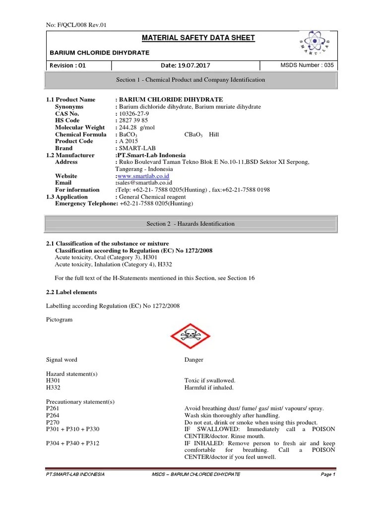 Msds Barium Chloride Dihydrate PDF Toxicity Safety