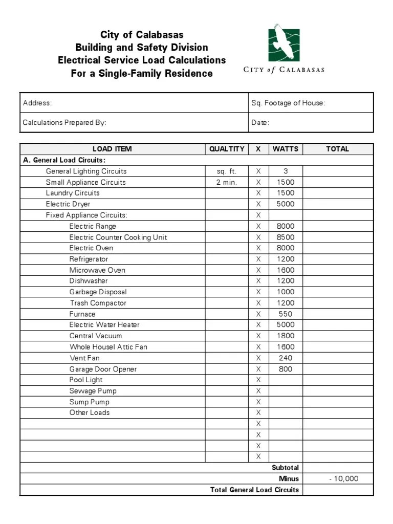 City of Calabasas Building and Safety Division Electrical Service Load