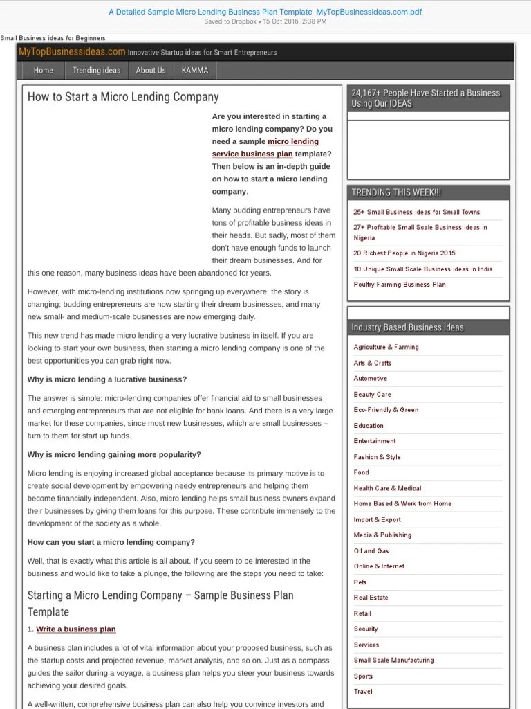 A Detailed Sample Micro Lending Business Plan Template