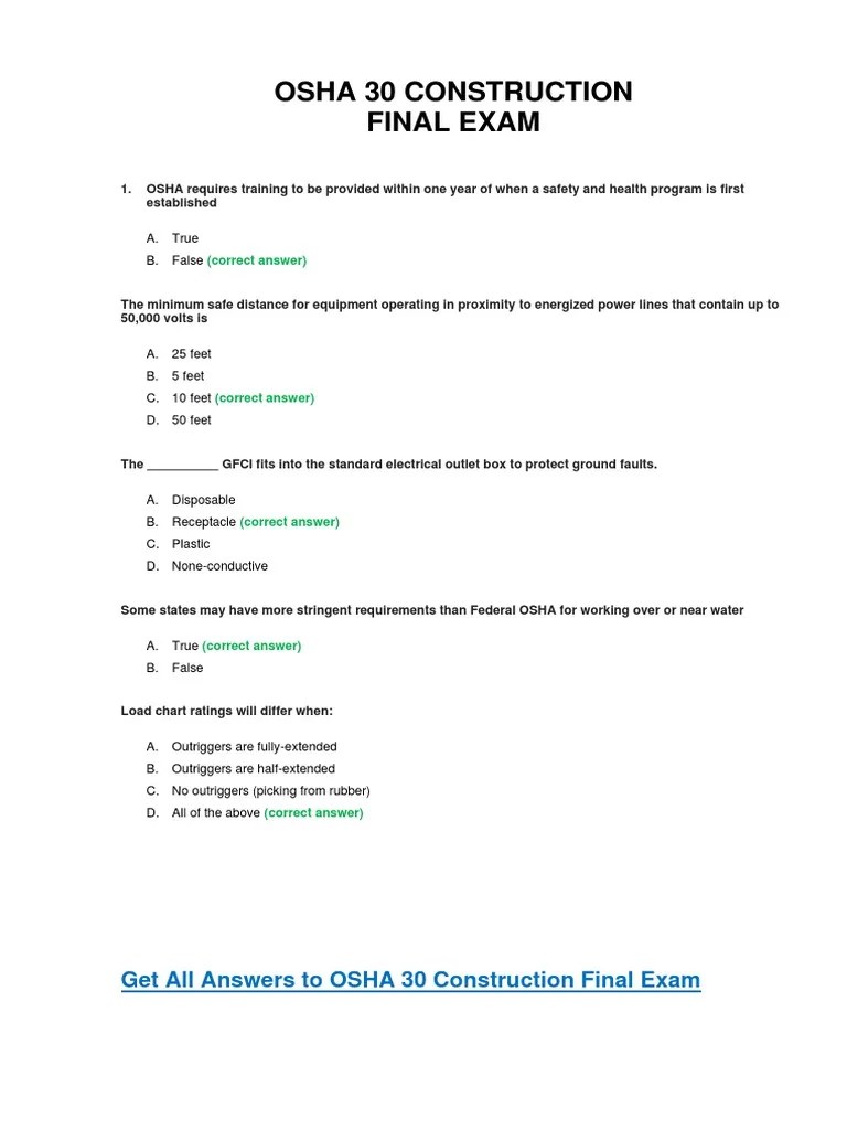 OSHA 30 Construction Final Test Answer Key | Occupational Safety And